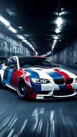BMW coupe with tricolor livery moves through illuminated tunnel