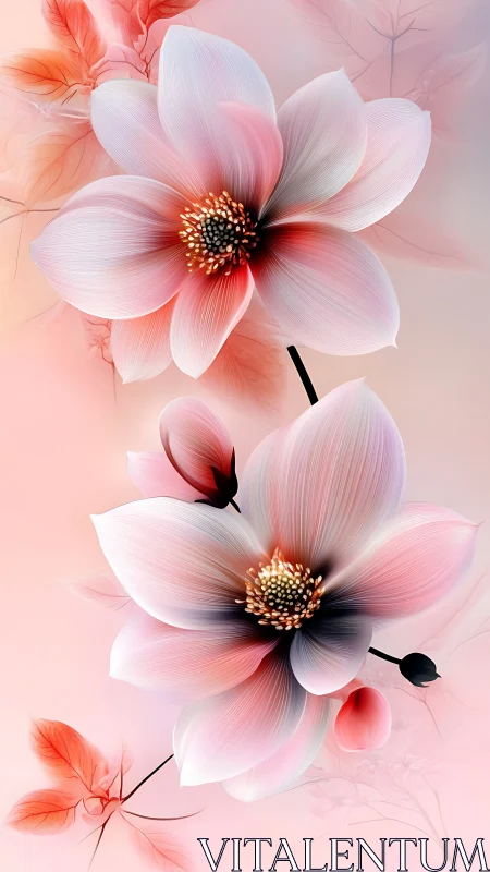 Soft Pink and White Digital Flowers with Golden Centers.