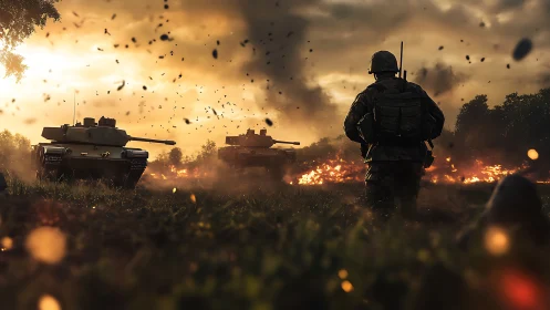 Armored vehicles and soldier in active battlefield at dusk.
