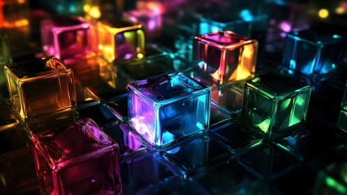 Luminous glass cubes glow across a futuristic neon grid