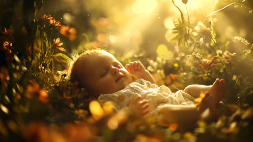 Newborn resting in golden-hour meadow with dreamy bokeh glow.