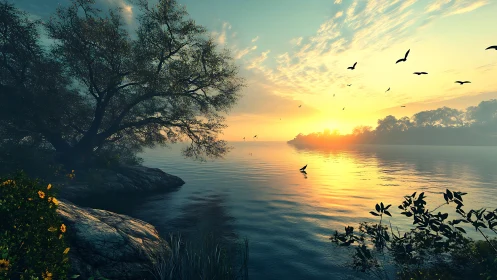 Sunrise hush over glassy lake and drifting shore birds.