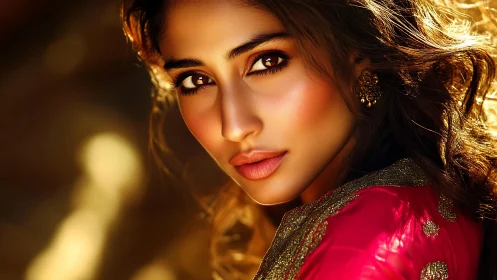 Golden light portrait highlights warm brown eyes and silk