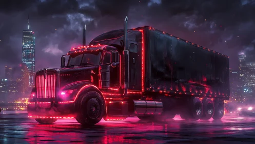 Neon-lit black semi truck on wet cyberpunk city street.