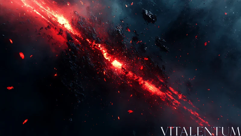 Red fissure through dark cosmic debris field in space.