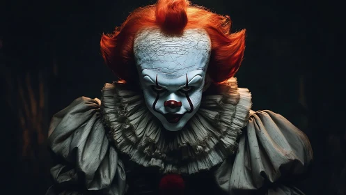 Clown figure with cracked white makeup stares into camera