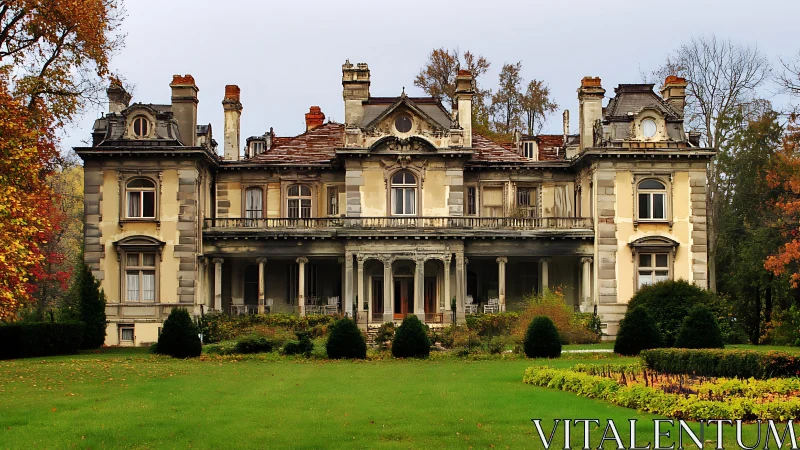 Weathered autumn manor quietly rehearses its former grandeur