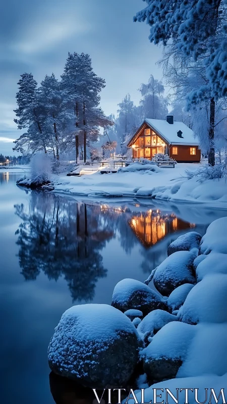 Snow covered lakeside cabin with warm glowing lights.