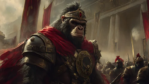 Gorilla warlord in ornate armor leads troops through city