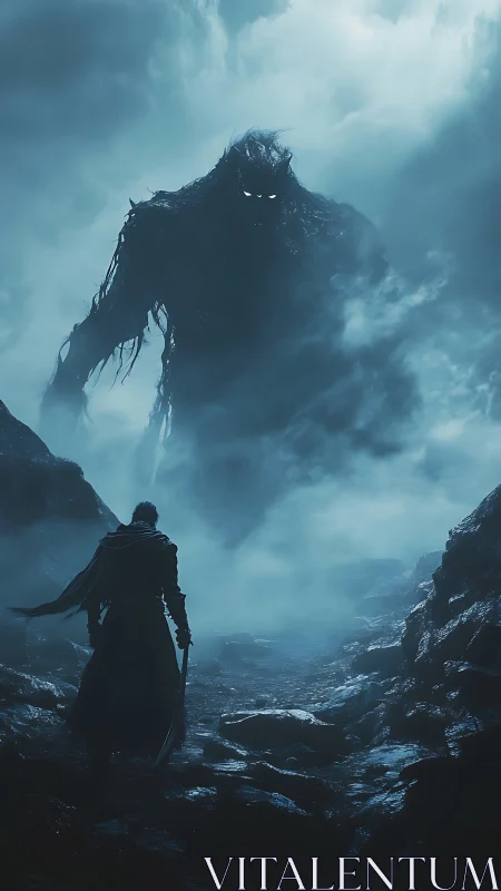 Swordsman confronts colossal shadow entity in mist-laden ravine