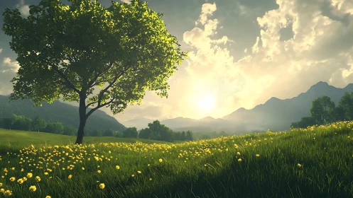 Sunlit meadow tree with golden hillside wildflower field.