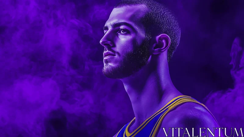 High-contrast athlete portrait with monochromatic purple vapor lighting