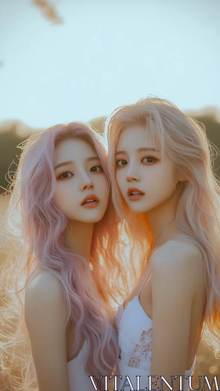 Sunlit pastel-haired twins in golden hour portrait study.