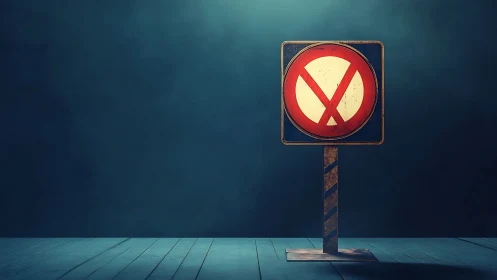 No stopping road sign on stand in empty interior space.