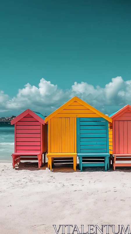 Vivid beach huts stand under clear turquoise coastal sky.