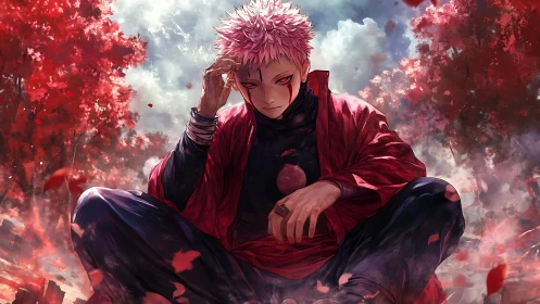 Red eyed anime warrior seated in autumn forest scene.