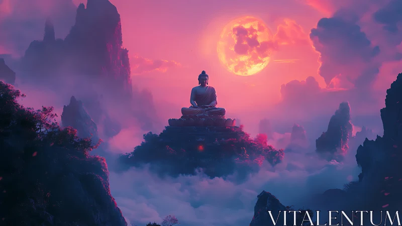 Moonlit zen colossus above candy-cloud mountains.