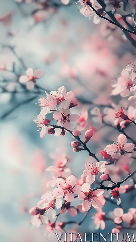 Delicate pink cherry blossoms bloom on dark branches