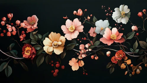 Botanical Floral Arrangement Against Dark Background.