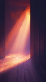 Sunlit doorway casts ethereal glow on wooden floor