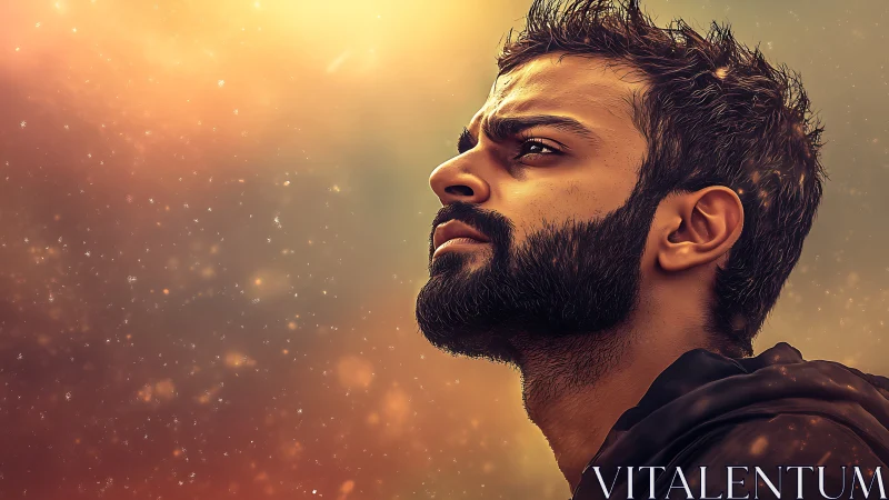 Bearded man gazes upward through glowing golden haze.