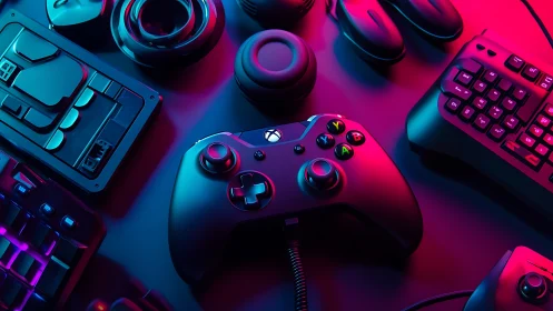 Neon-lit gaming controller anchors a vibrant setup scene
