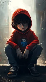 Red-hooded street dreamer guards a quiet foggy alley