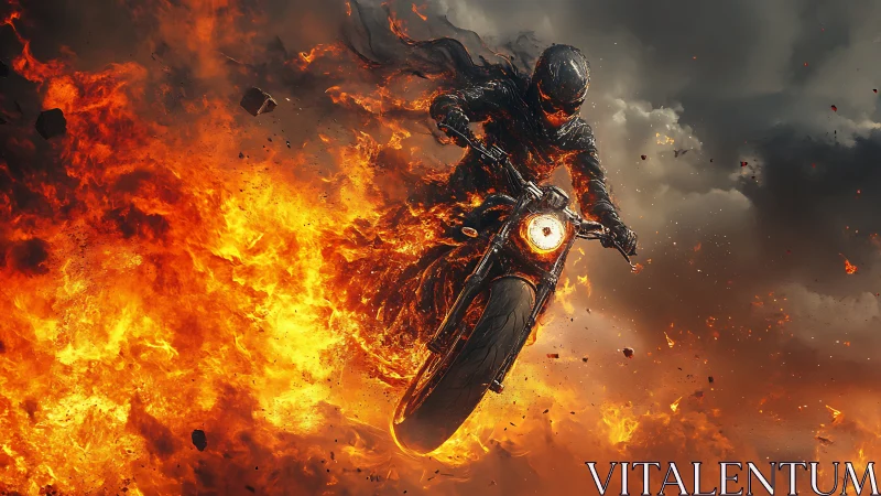Motorcyclist in full-body flame moving through firestorm.