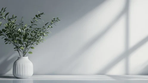 Sunlit ceramic vase with green foliage enhances calm space