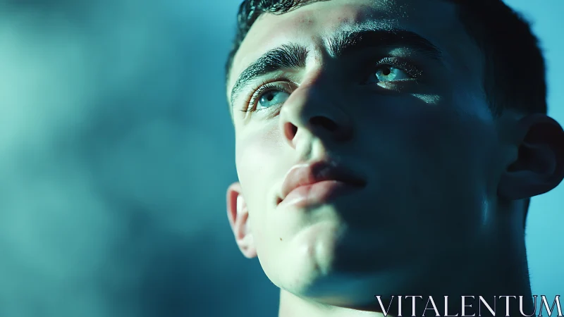 Cool blue resolve sharpens in this upward-looking portrait