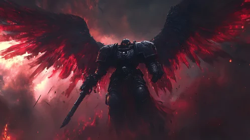 Armored angelic warrior descends amid crimson inferno clouds