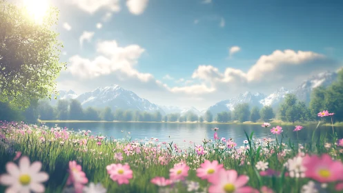 Spring wildflowers glow beside a tranquil alpine lake.