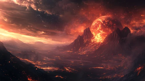 Volcanic alien world under fiery sky and planet