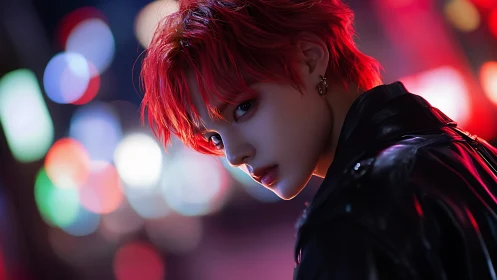 Cinematic red‑haired figure under neon bokeh with glossy leather jacket