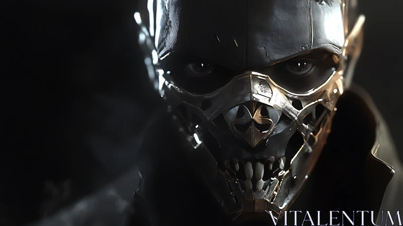 Steel-masked skull vigilante in dramatic low key portrait.