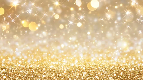 Gold glitter background with bokeh lights and sparks.