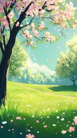 Spring meadow under cherry blossoms in warm sunlight.