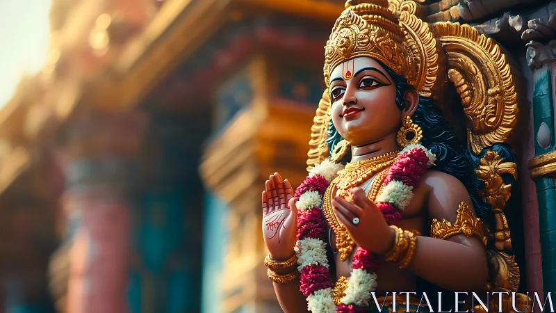 Hindu temple deity statue glows with warm morning light