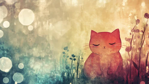 Red Cat Portrait Amidst Botanical Elements with Ethereal Light