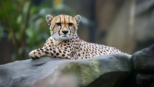 Cheetah rests on weathered rock ledge in soft forest light.