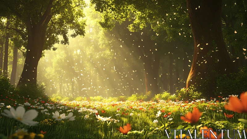 Sunlit forest meadow glows under drifting petals and blooms