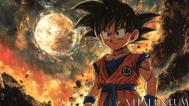 Planetary blast zone with resolute anime warrior stance.