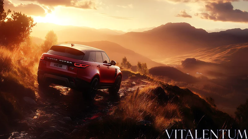 Sunlit red SUV on rocky mountain trail at cinematic sunset