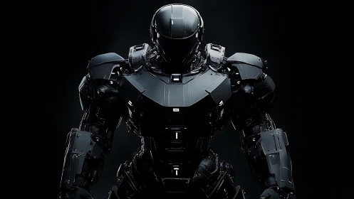 Midnight armored android standing poised in quiet power.