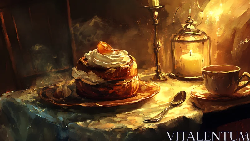 Still life composition with pastry, beverage, and candlelit interior