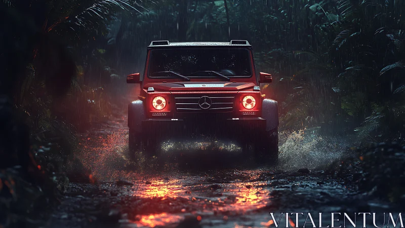 Crimson off-road titan storms through neon-soaked jungle rain.