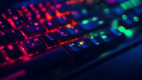 Neon gaming keyboard with vivid RGB backlight glow at night.
