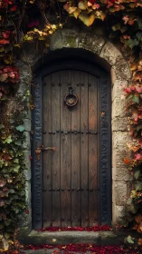 Weathered wooden arched door framed by stone wall and ivy