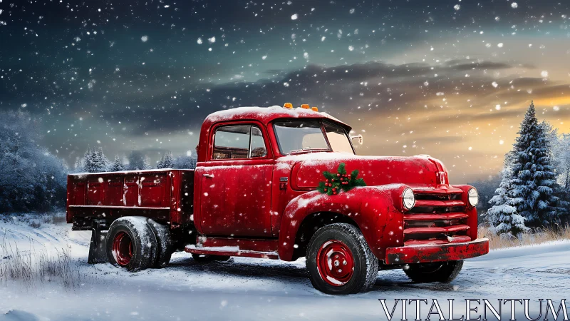 Snowy red truck rests warmly in a quiet winter landscape