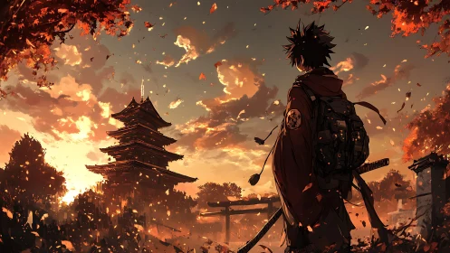 Wandering swordsman watching a quiet temple sunset glow.